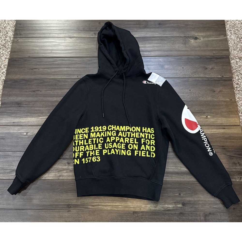 Champion Hoodie Black All Over Print Pullover SweatShirt Mens Size Small
